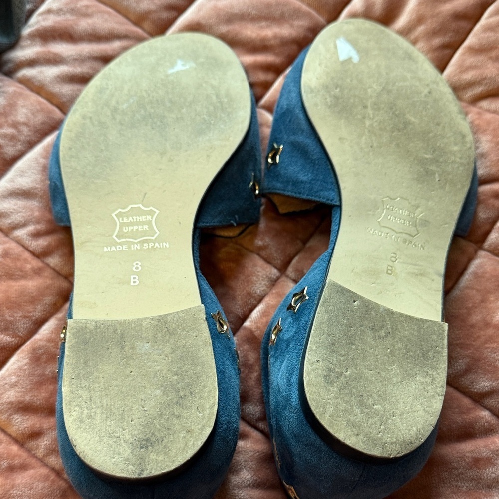 French Sole Suede Blue Flats with Gold Star Accents - Picture 5 of 5